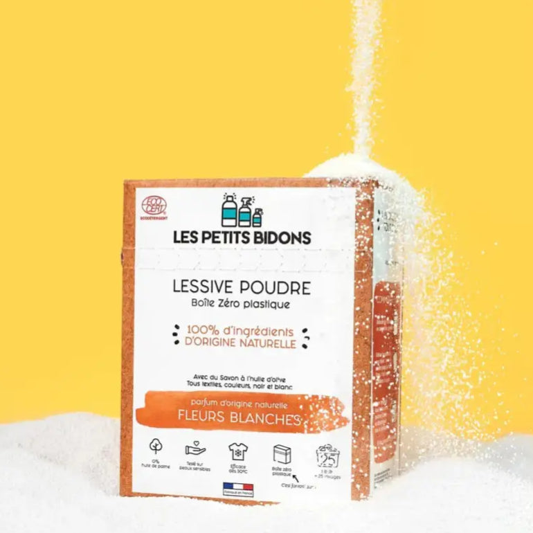 Lessive poudre fleurs blanches zéro plastique 875g avec ingrédients 100% naturels