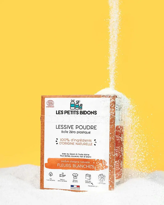 Boîte de lessive poudre concentrée fleurs blanches 875g, zéro plastique, 100% naturel, parfumé aux fleurs