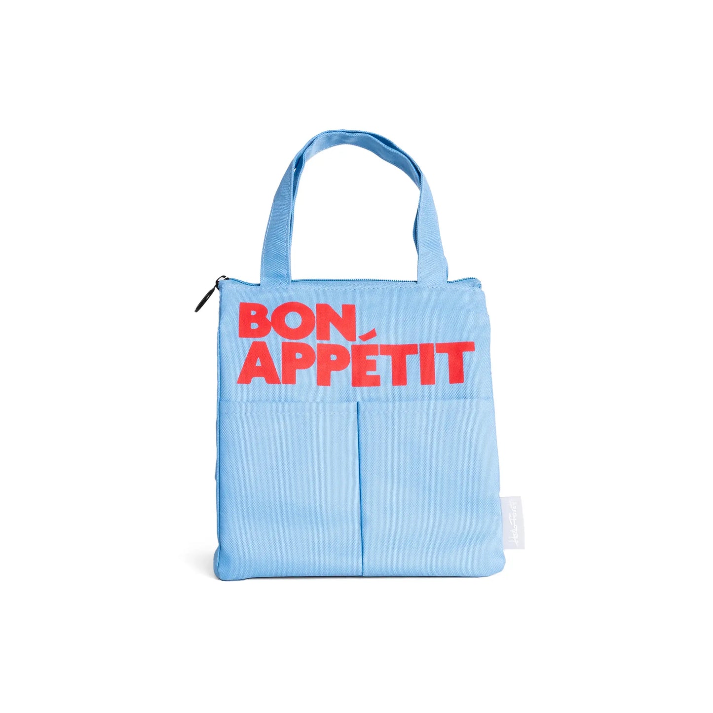Sac repas bleu design soigné avec Bon Appétit rouge