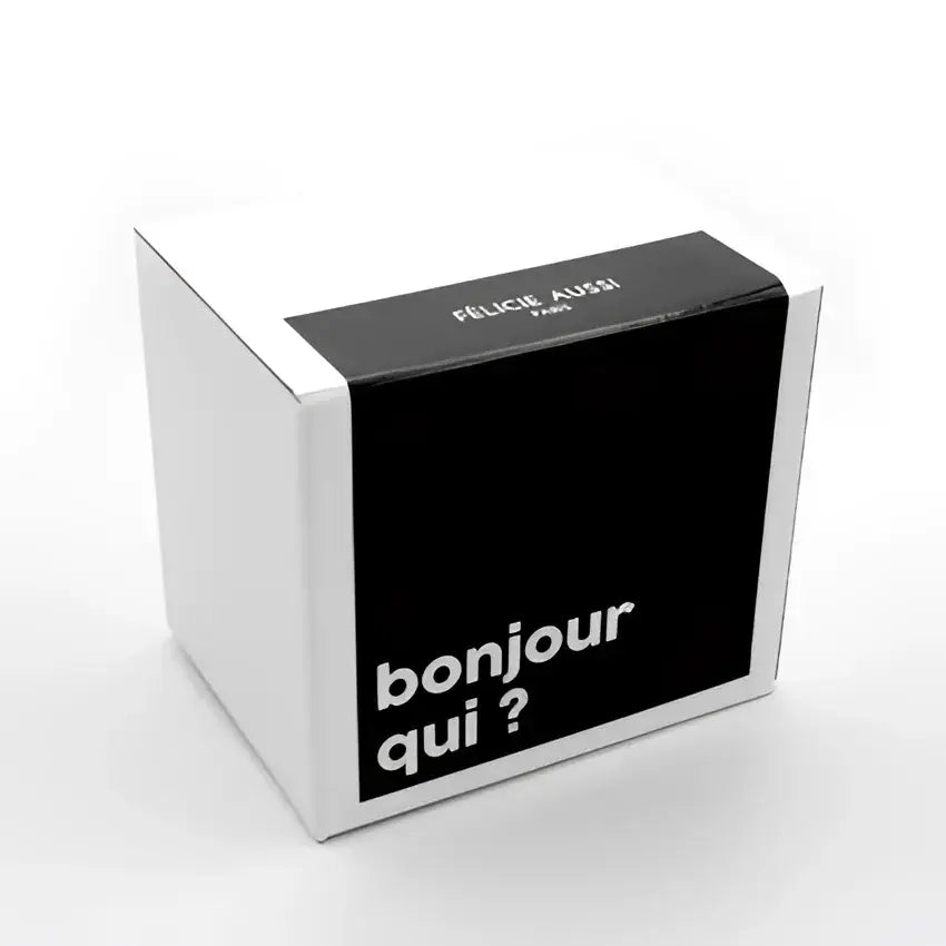 Mug bonjour en porcelaine résistante avec box carton blanc noir et dose d’humour