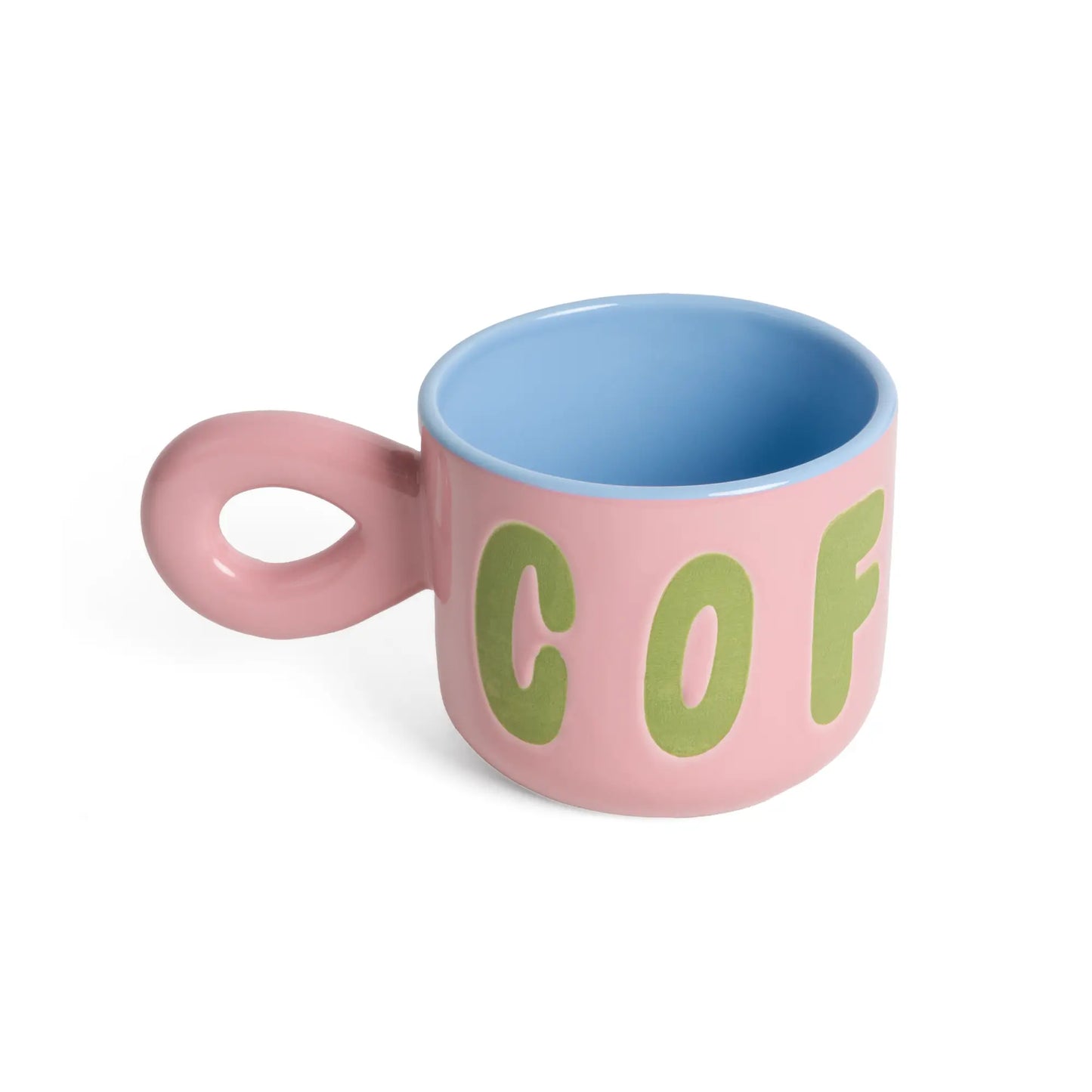 Tasse coffee rose en céramique rose, intérieur bleu clair, lettrage cof vert lime, anse boucle
