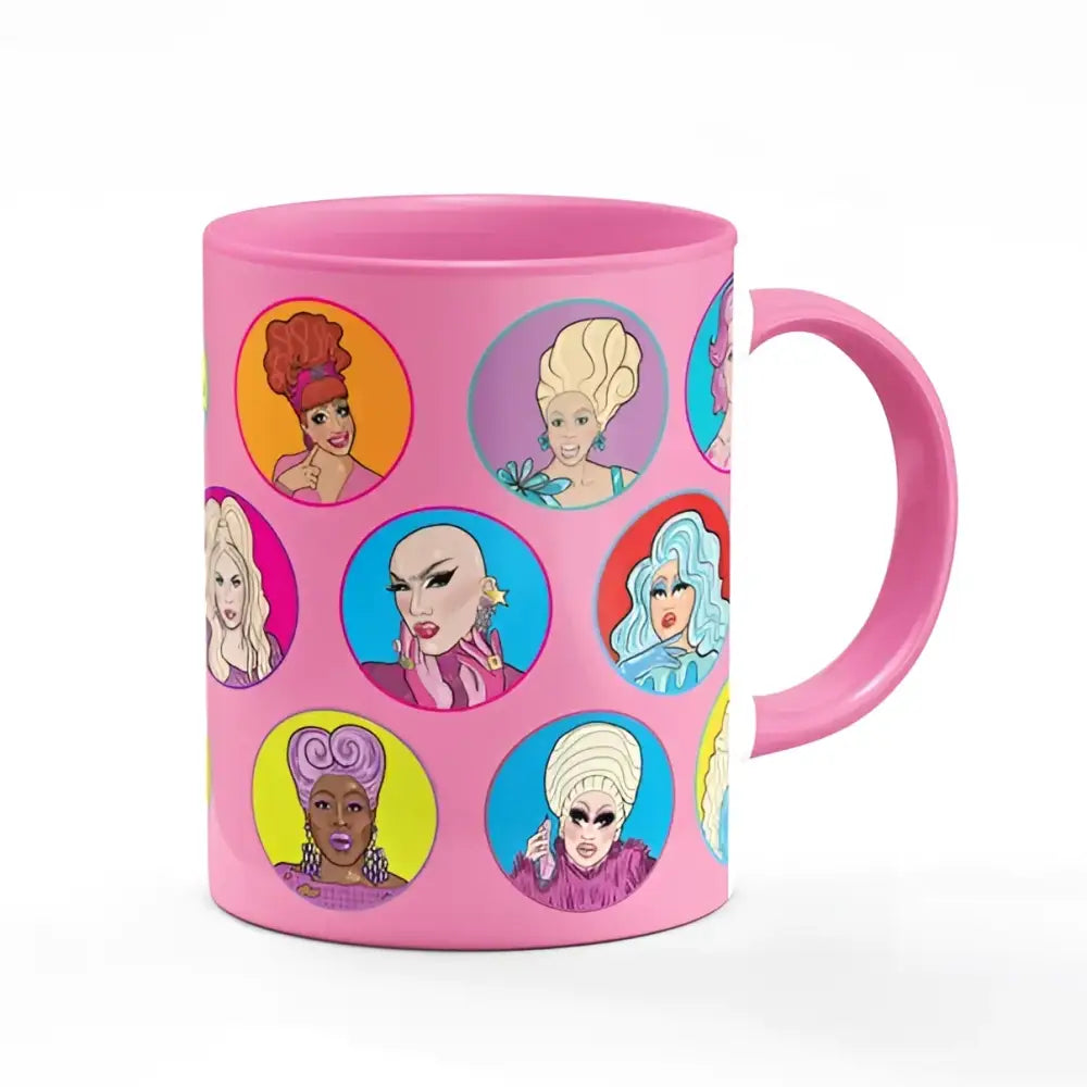 Mug rose drag avec design coloré et portraits de queens, idée cadeau fun