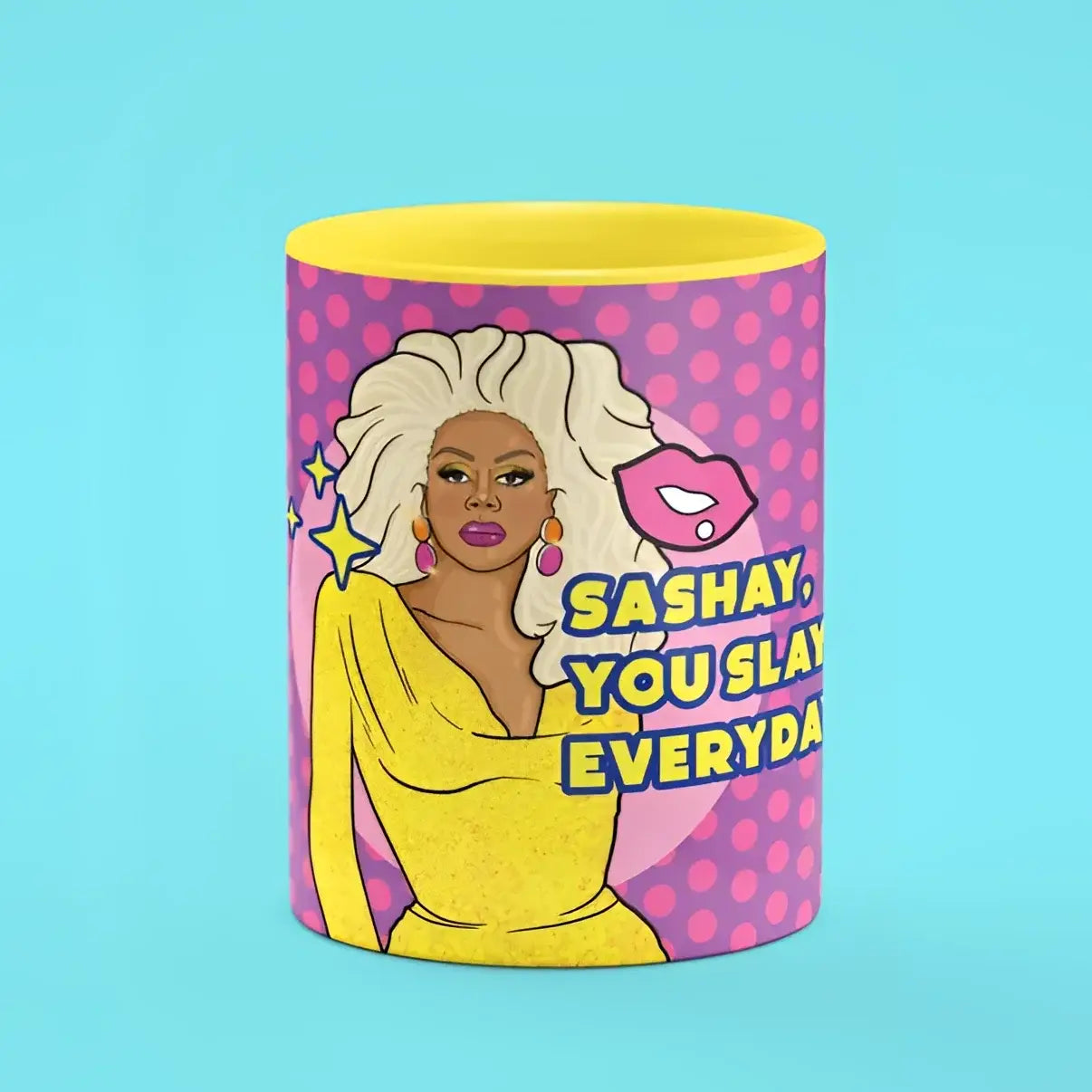 Mug RuPaul drag queen pop art, poignée jaune, idée cadeau originale