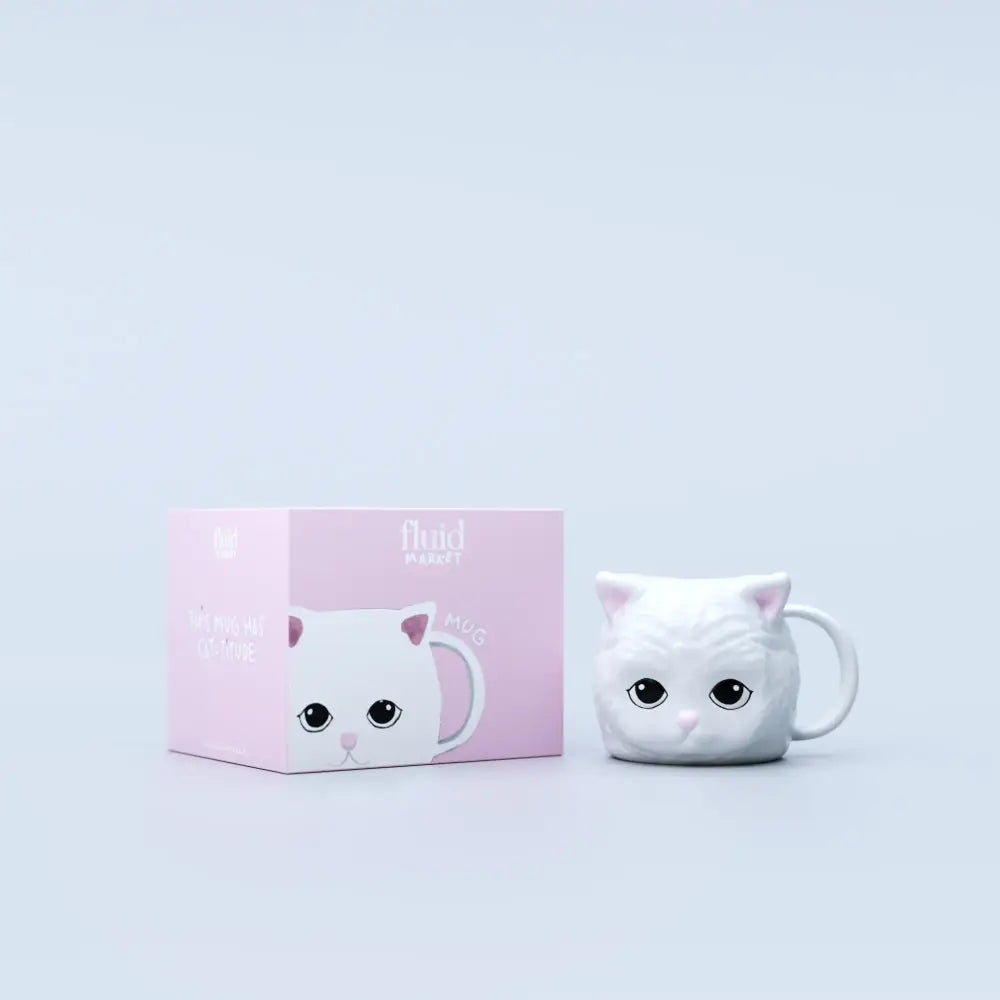 Mug tête de chat en céramique motif chat blanc avec boîte cadeau rose