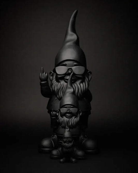 Statuette nains Nain Fuck Bernardo Noir, 3 gnomes noirs en sunglasses, doigt d’honneur, design contemporain