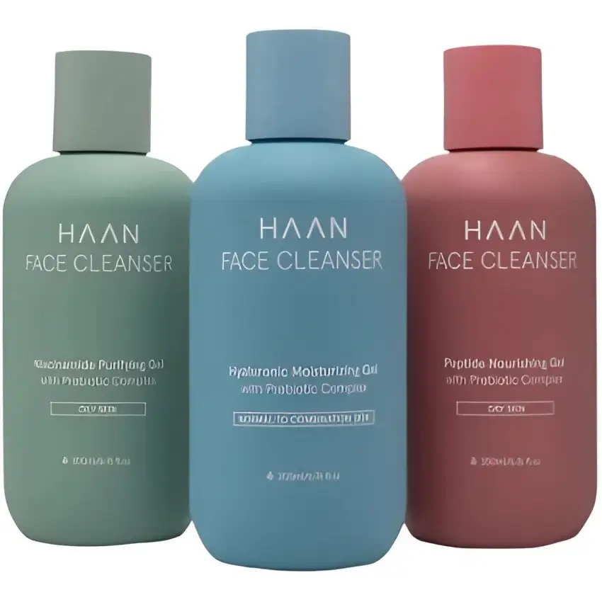 Trois bouteilles de nettoyant visage peau normale à mixte Haan pour peaux normales