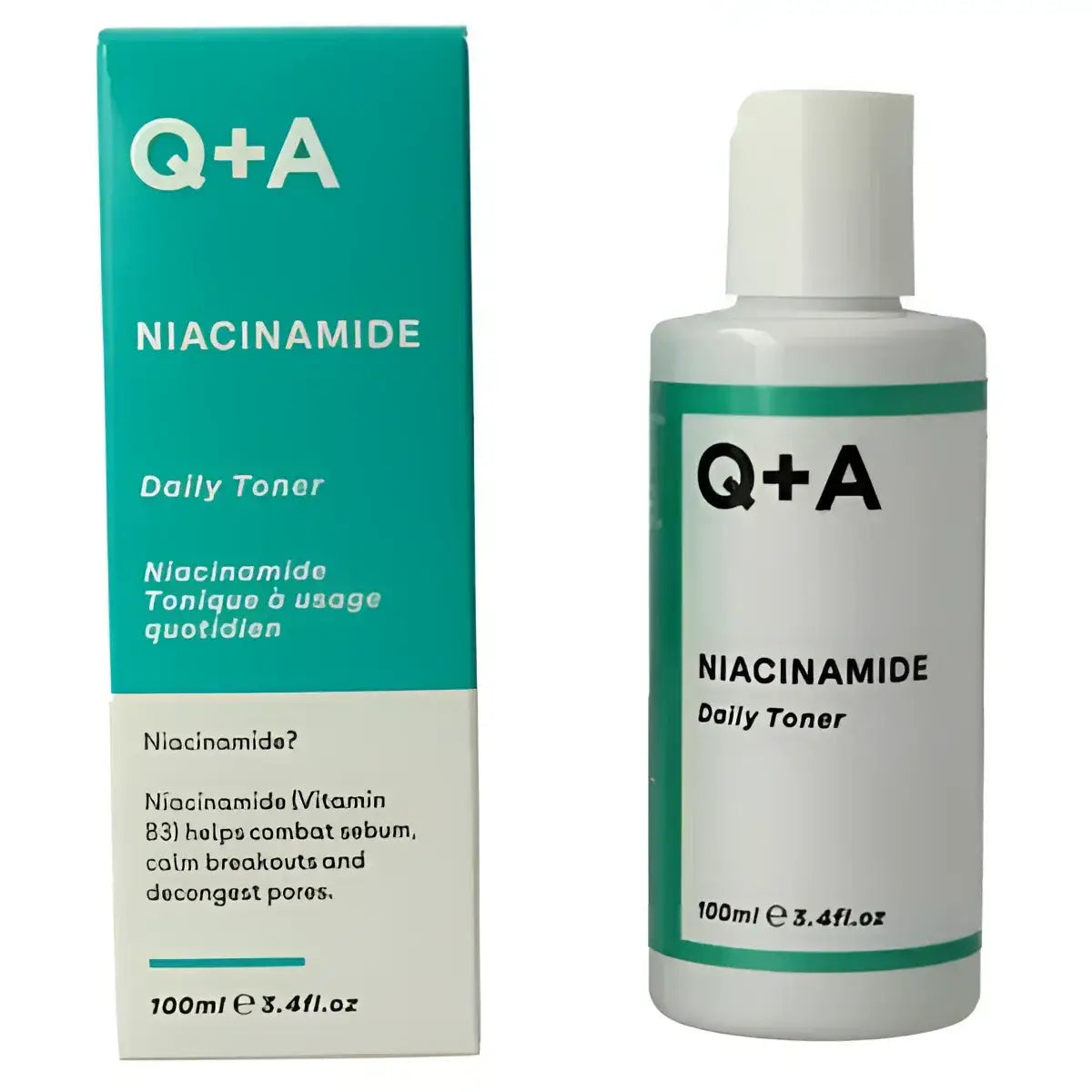 Bouteille et boîte blanches et turquoise de Niacinamide Daily Toner pour renforcer la barrière cutanée quotidienne