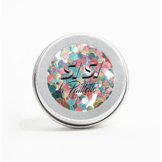 Contenant rond de paillettes bang bang colorées, vegan et parfait pour briller