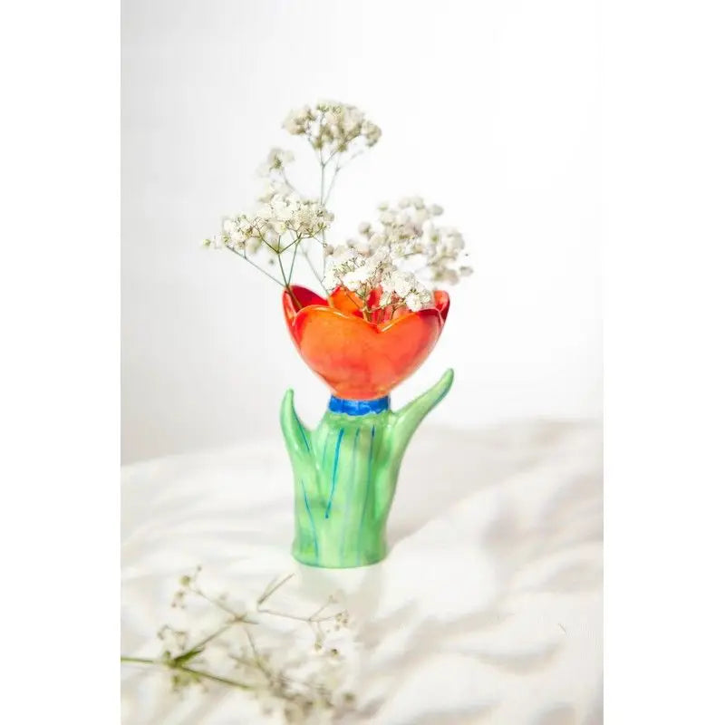 Petit vase fleur en céramique avec touche florale orange et vert