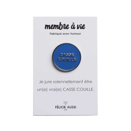 Pin émaillé bleu humoristique Casse Couille sur carte blanche