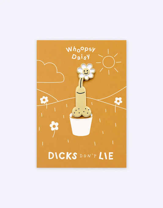 Pin’s Whoopsy Daisy : épingle émaillée rigolote d’un pénis à tête de marguerite en pot, idée cadeau placage doré