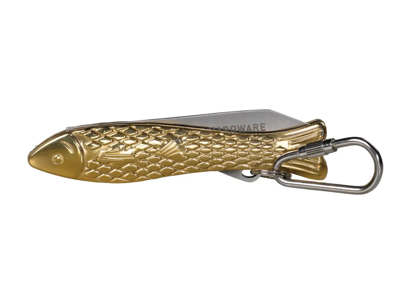 Couteau de poche poisson doré avec lame argentée et mousqueton fiable
