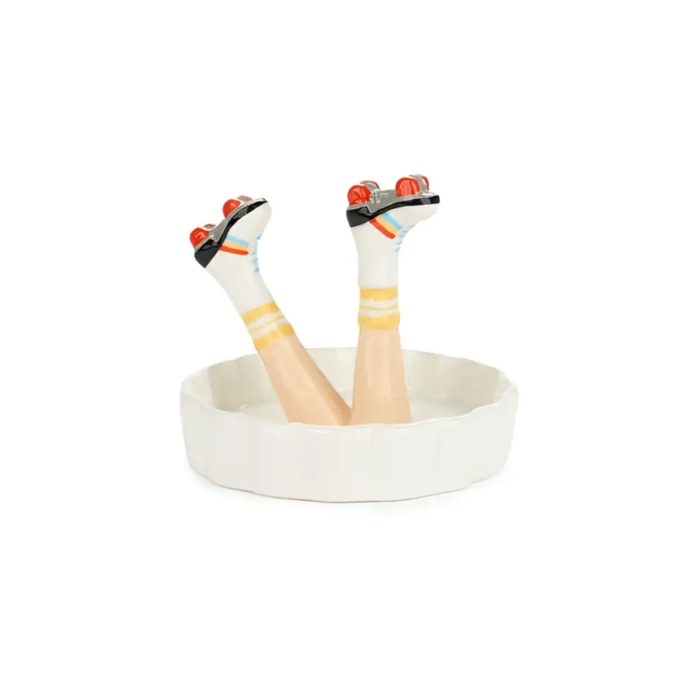 Plat en céramique blanc Happy Legs Retro, forme jambes patins à roulettes disco