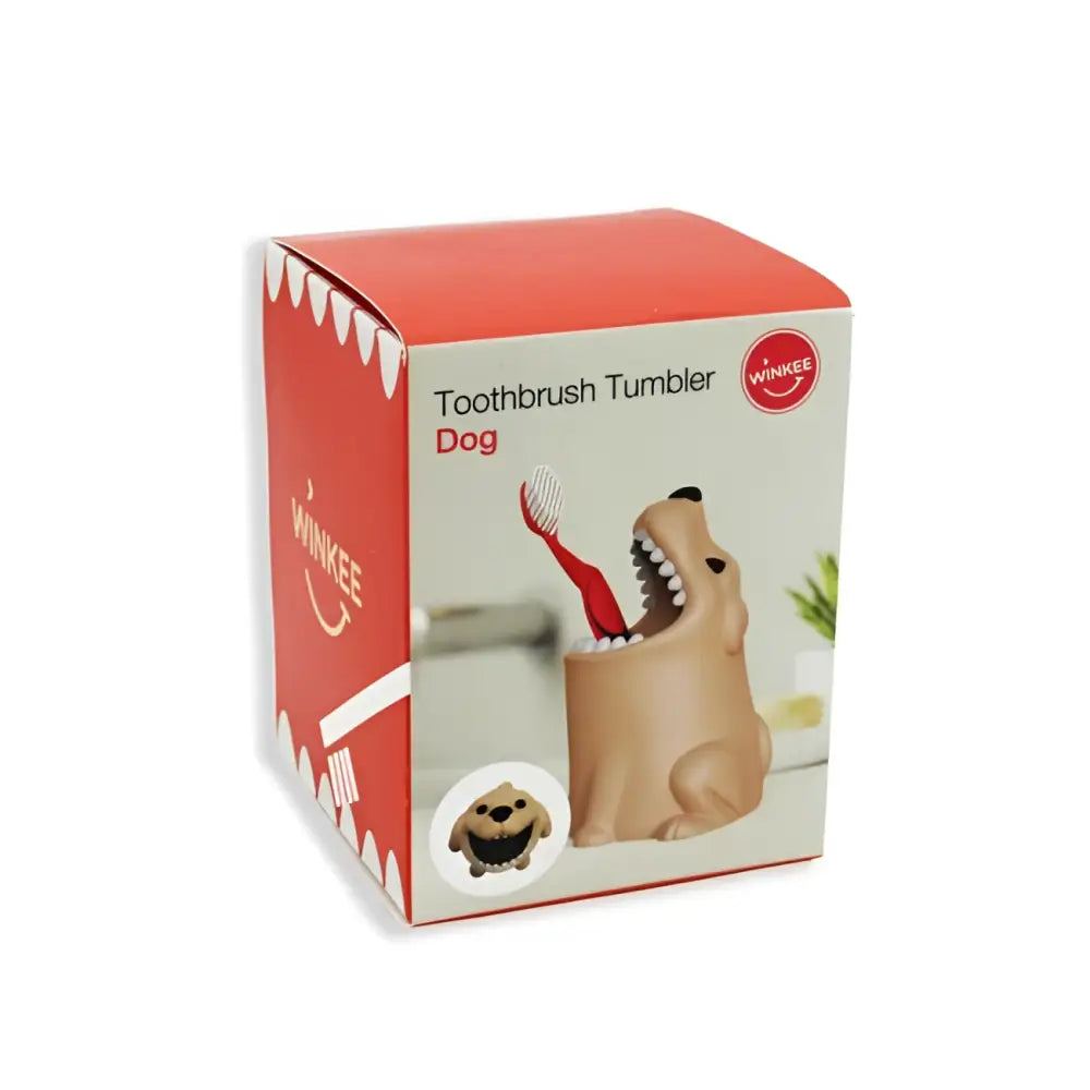 Porte-brosse à dents chien tan souriant avec brosse rouge, idée cadeau fun pour dents chien