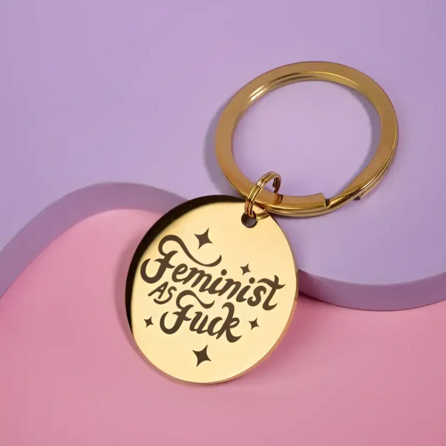 Porte-clé féministe avec acier inoxydable doré et écriture feministe as fuck