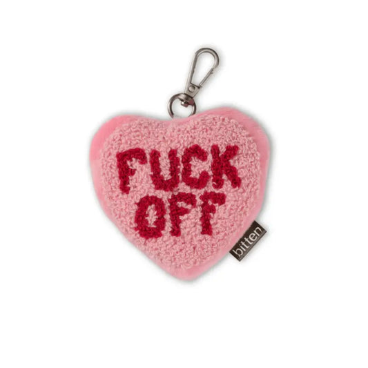 Porte-clés original en forme de cœur rose avec texte brodé rouge, parfait comme porte-clé fun