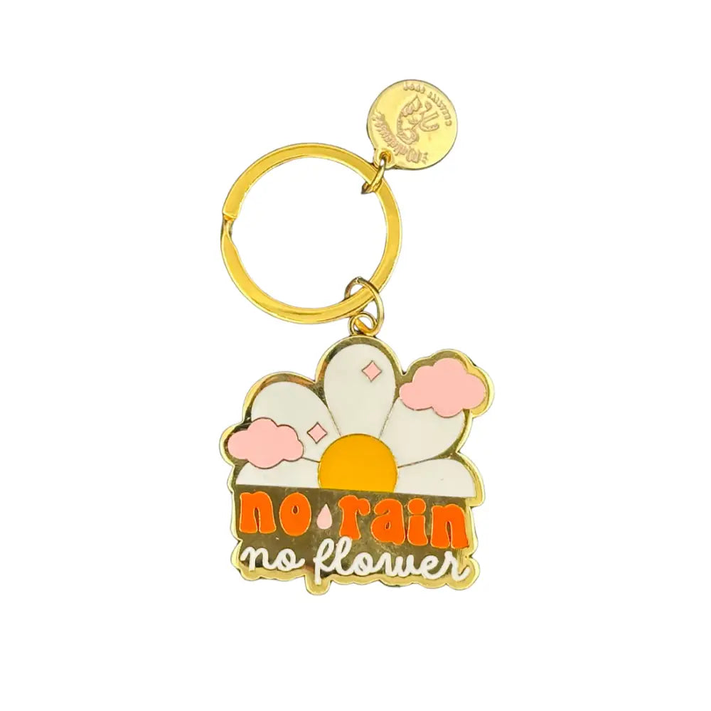 Porte-clé inspirant avec émaillage coloré rain no flowers et fleur en émail blanc, orange, pink