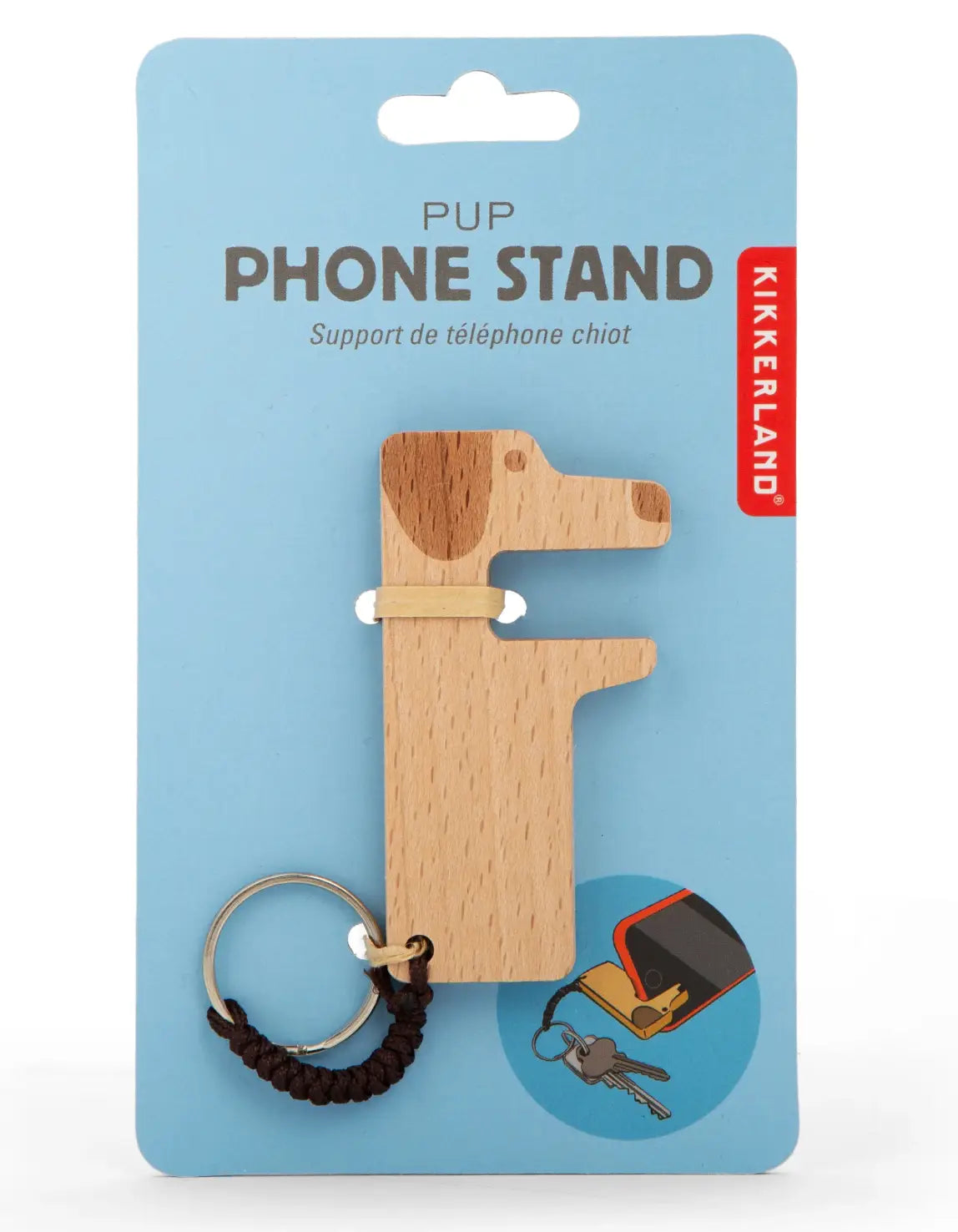 Porte clé support téléphone chien en bois clair, objet ingénieux