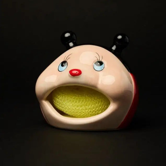 Porte éponge Coccinelles avec une coccinelle en céramique et une éponge jaune