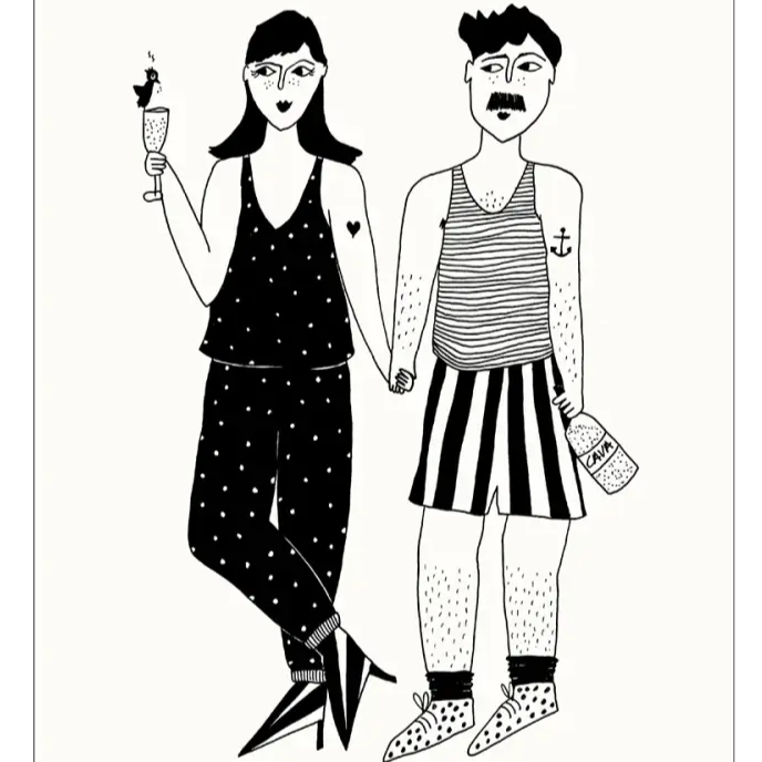 Illustration noir et blanc d’un couple main dans la main, poster apéro A4
