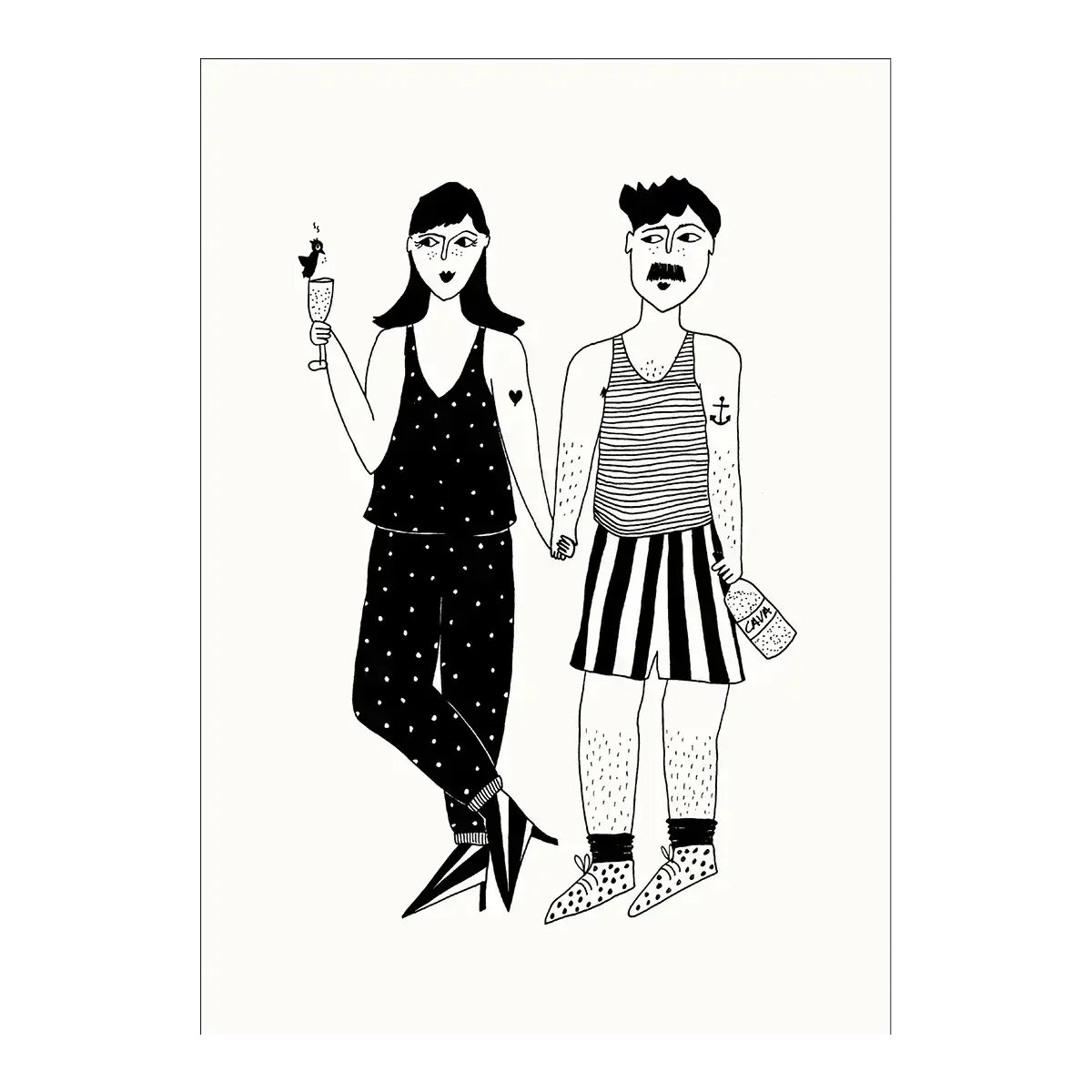 Illustration B&W couple en pyjama tenant la main, touche d’émotion sincère pour ambiance chaleureuse