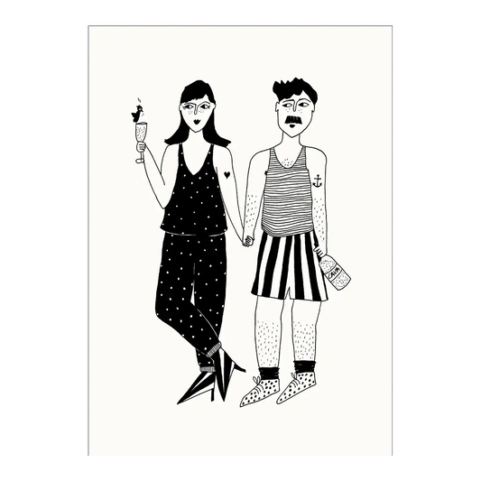 Illustration B&W couple en pyjama tenant la main, touche d’émotion sincère pour ambiance chaleureuse
