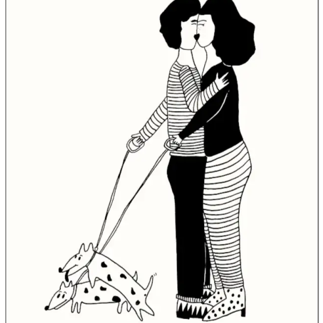 Deux personnes s’embrassent en marchant avec leurs chiens, poster horny dogs A4