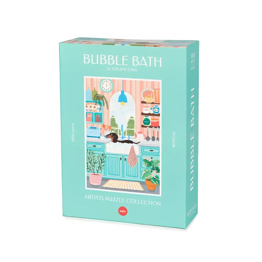Boîte puzzle bleu clair 1000 pièces Teckel avec scène salle de bain cosy Bubble Bath par Yumi Koma, touche d’originalité plus qu’un jeu