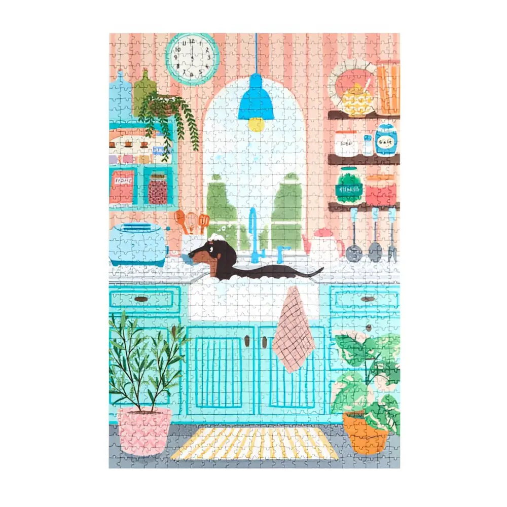 Puzzle 1000 pièces teckel : cuisine cosy avec chien, plus qu’un jeu original