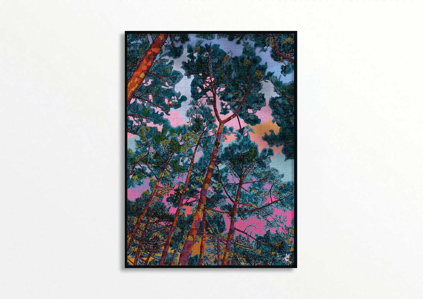 Puzzle Sound of Silence : artwork encadré de pins sous ciel rose-bleu, 1000 pièces écoresponsables