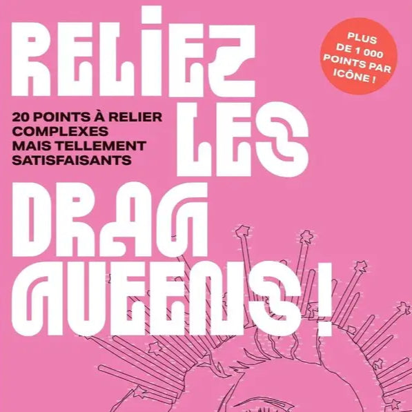 Couverture de livre rose avec drag queens et icônes flamboyantes pour Reliez les drag queens