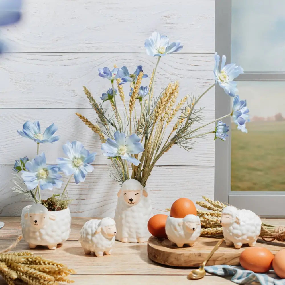 Décoration moutons avec fleurs bleues et blé, dernière tendance pour ta maison