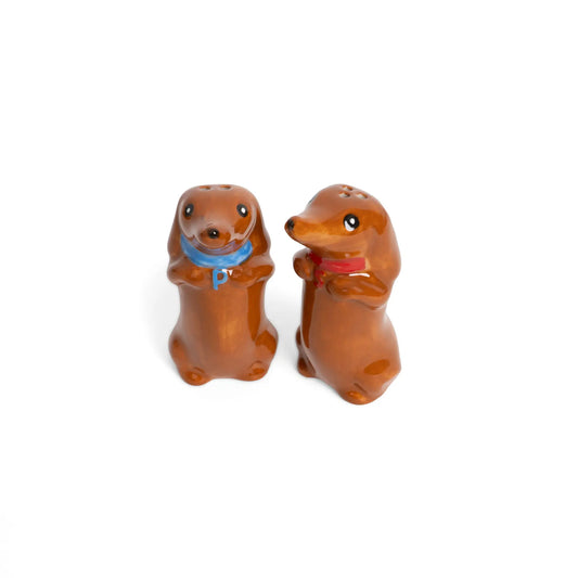 Ensemble salière teckels en céramique brune, idée cadeau déco moderne