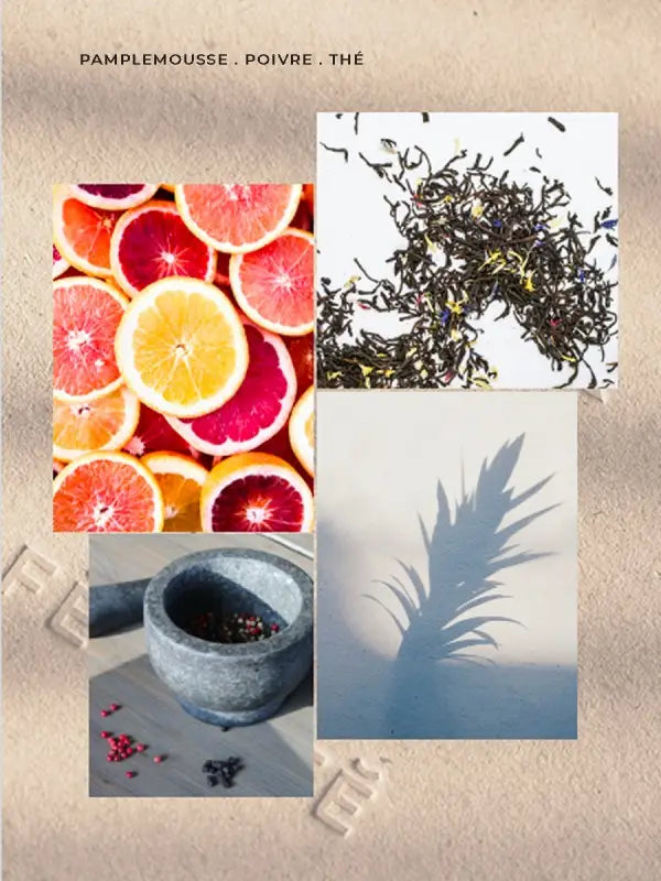 Collage vibrant de pamplemousse, poivre et thé pour liquide rechargeable