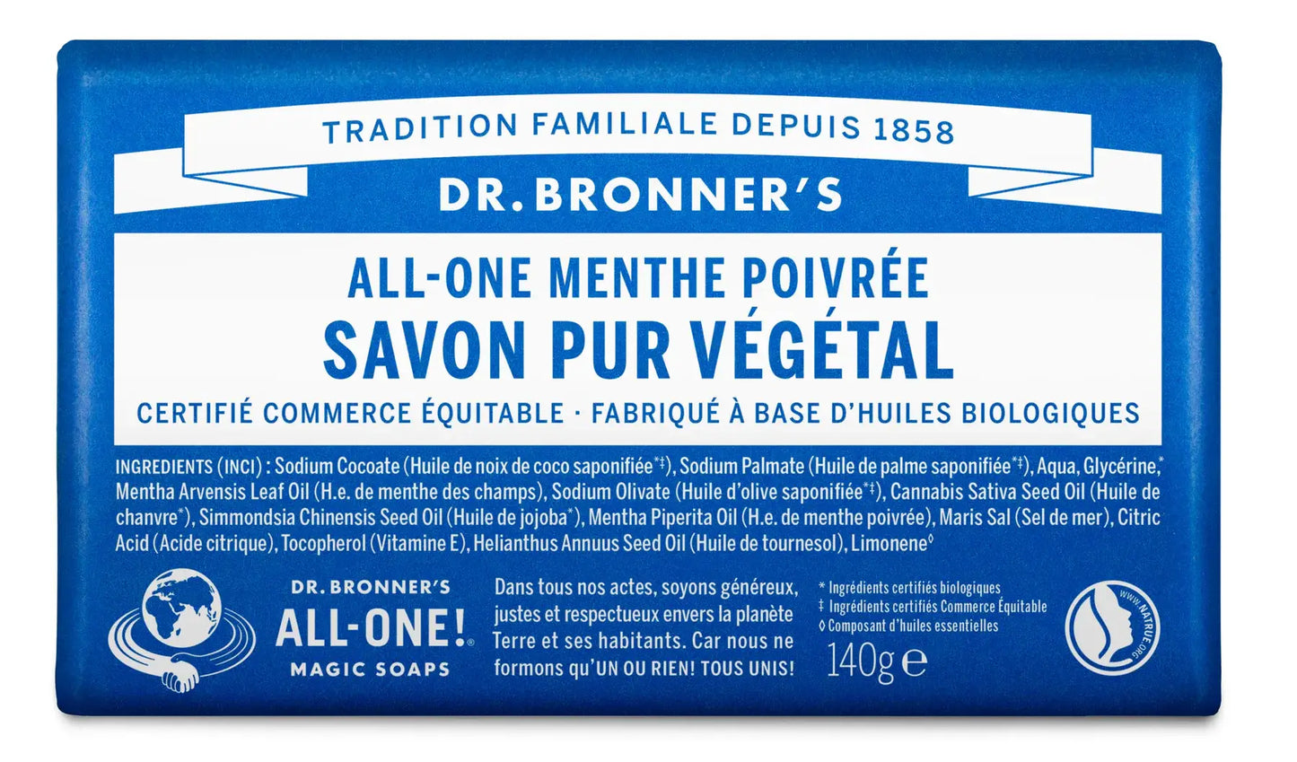 Savon solide pur Dr. Bronner’s menthe poivrée 140g bio