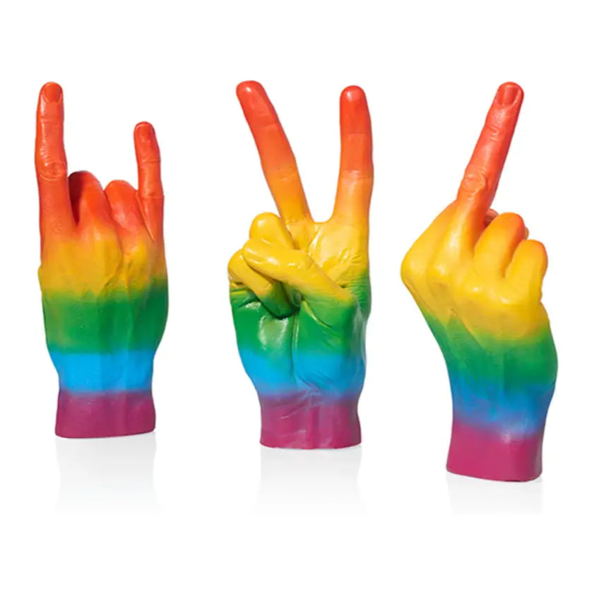 Sculpture main peace rainbow, objet décoratif coloré avec trois mains gestuelles