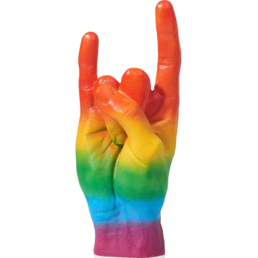 Main sculpture rock’n roll rainbow with hand making the pride gesture in rainbow colors
