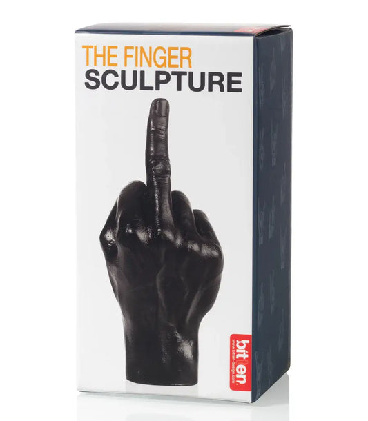 Sculpture main fuck noir : main noire unique avec majeur levé en boîte blanche