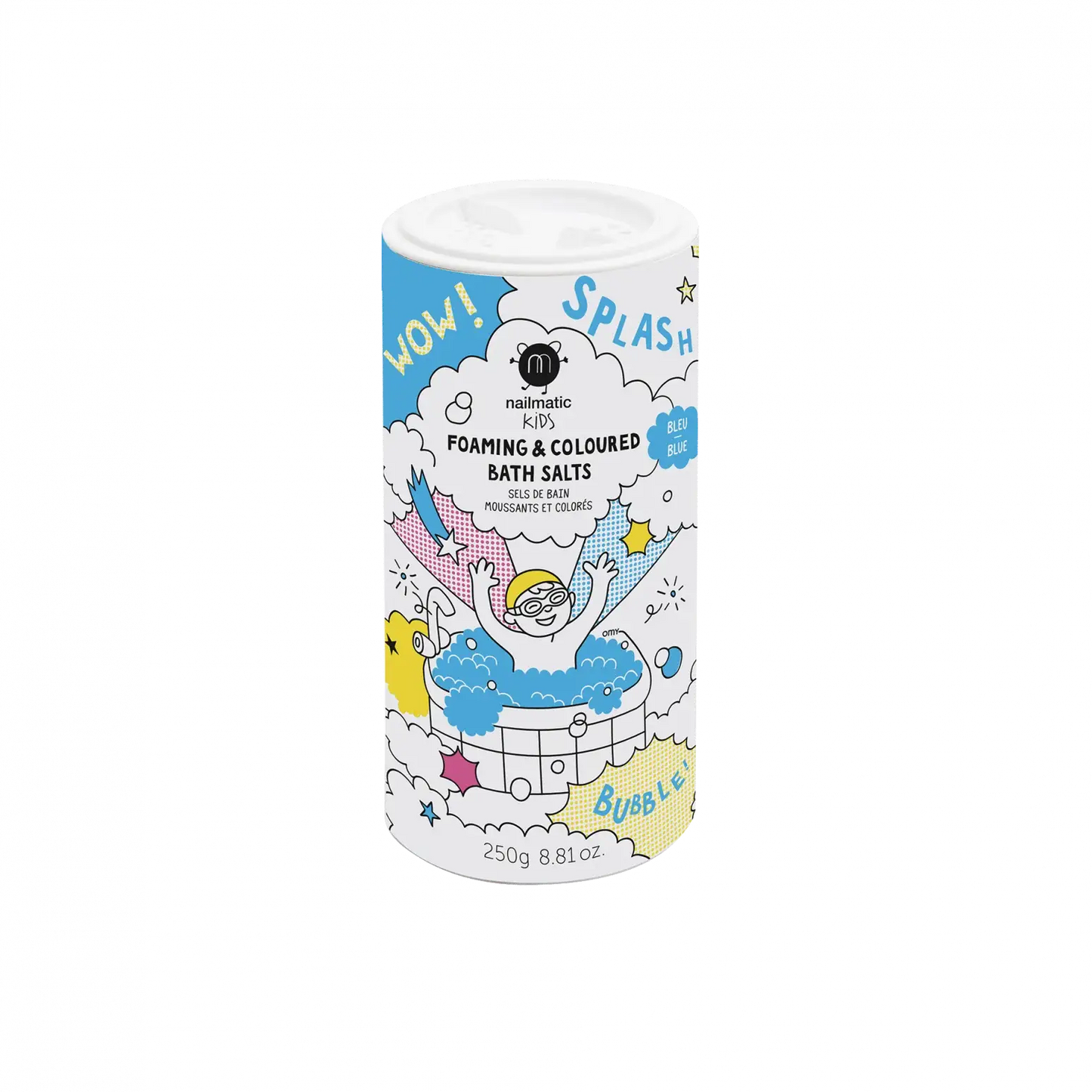 Pot de sels de bain moussant enfant bleu, bain devient coloré avec parfum subtil