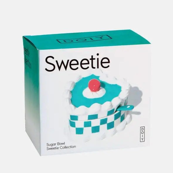 Photo d’un sucrier design Sweetie blanc et teal, idée cadeau idéale pour un sucrier sweetie