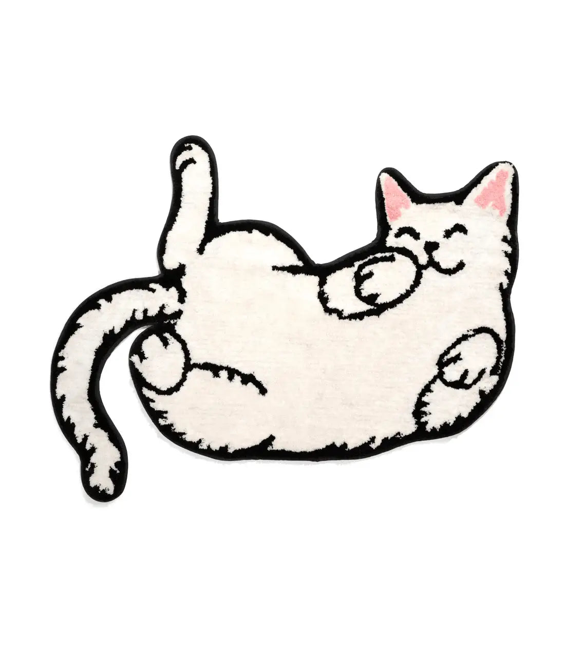 Tapis design chat fluffy blanc pour bain, avec oreilles roses et expression joyeuse