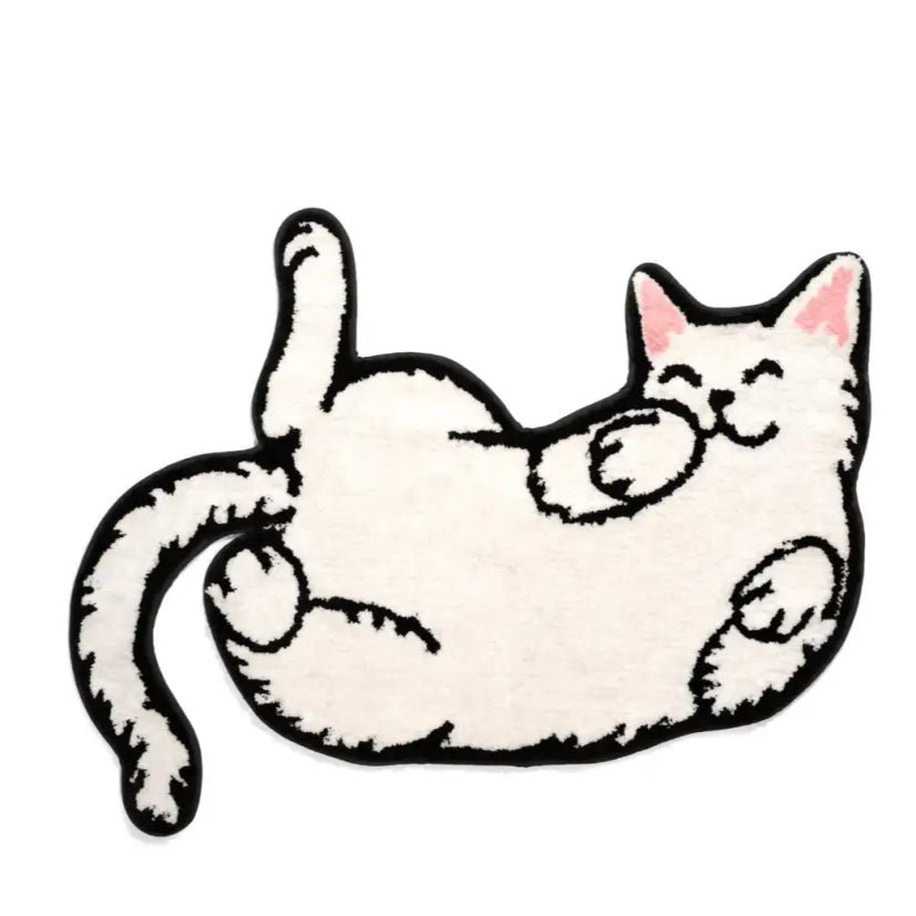 Tapis design chat blanc avec oreilles roses, parfait pour la déco de bain