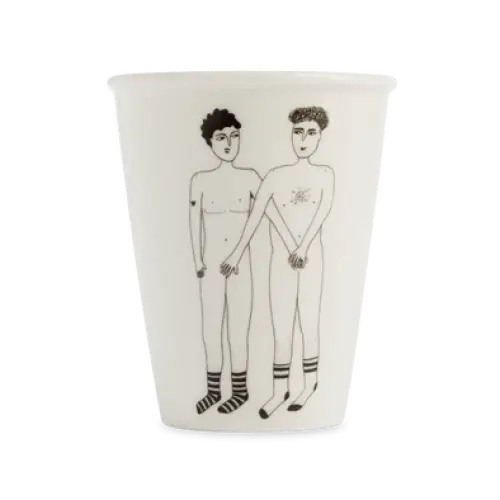 Tasse 2 willies en céramique blanche avec dessin de deux hommes nus main dans la main