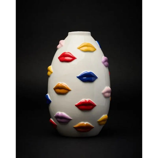 Vase Bouches Multicolore en céramique blanche avec motifs relevés colorés