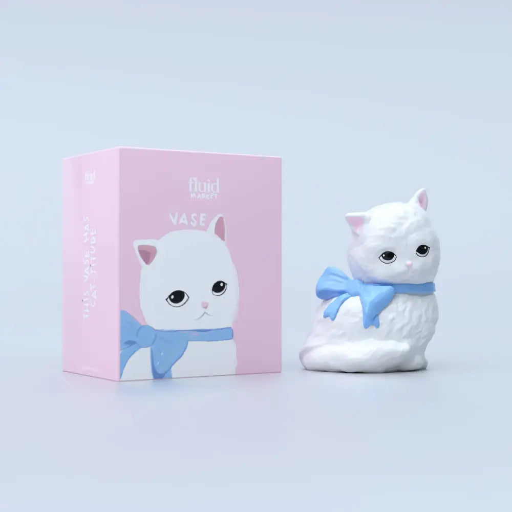 Vase chat avec figurine chat blanc et nœud bleu, parfait pour passionnés d’animaux