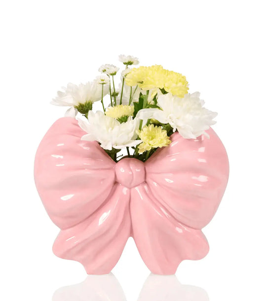 Vase Nœud Rose rose lustré avec fleurs blanches et jaunes, produits exclusifs