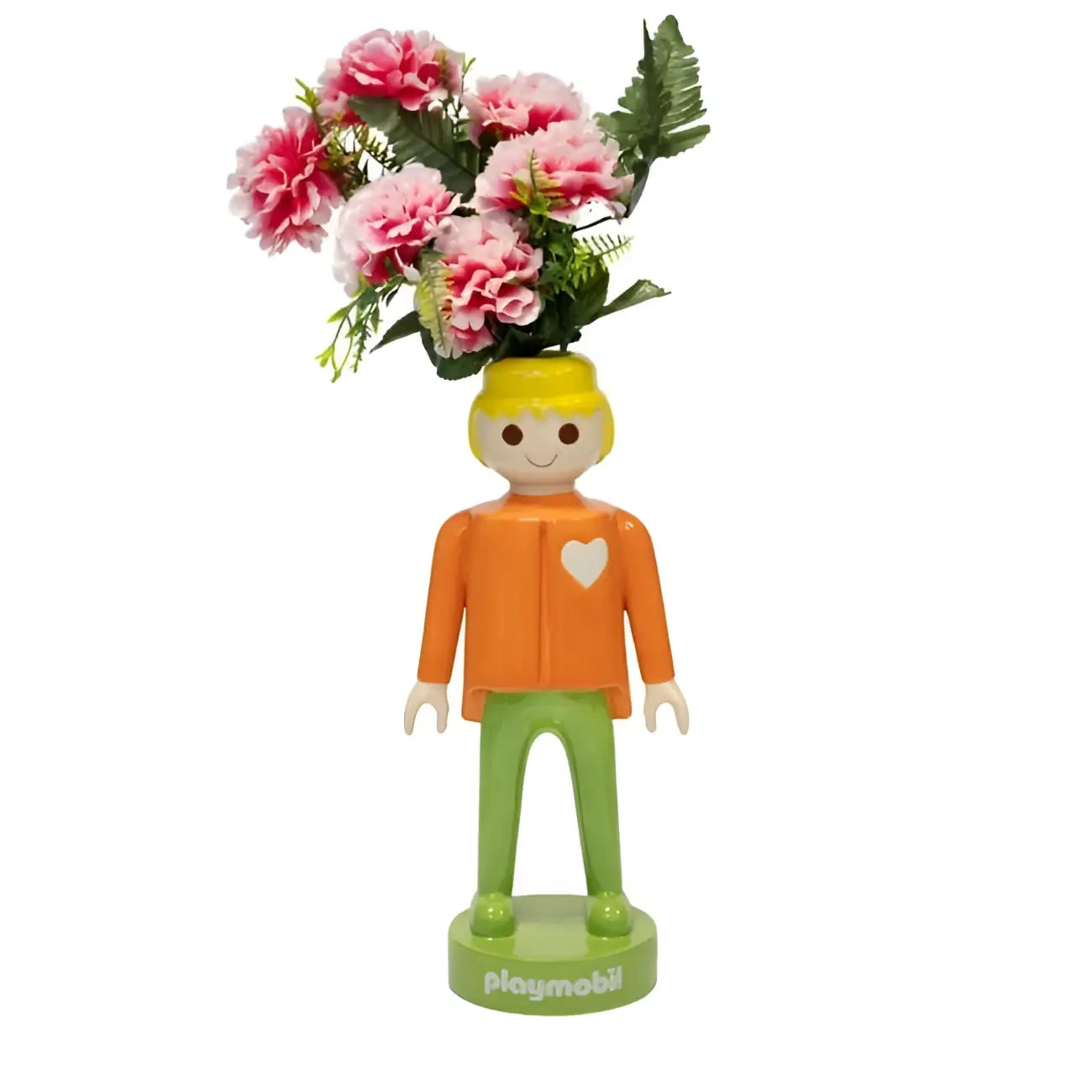 Vase Playmobil 35 cm orange avec figurine fun, idée cadeau originale déco