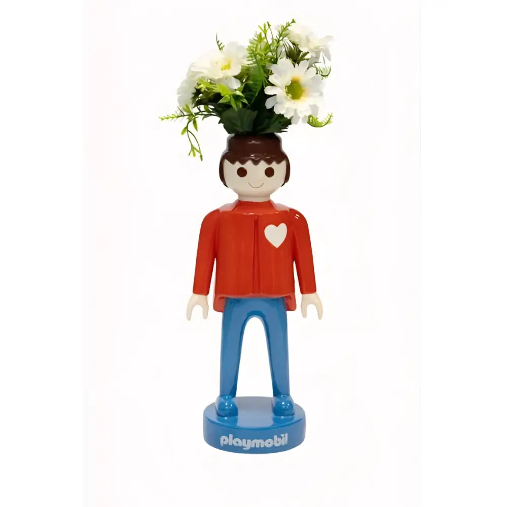 Vase Playmobil 35cm rouge avec figurine cœur blanc et marguerites