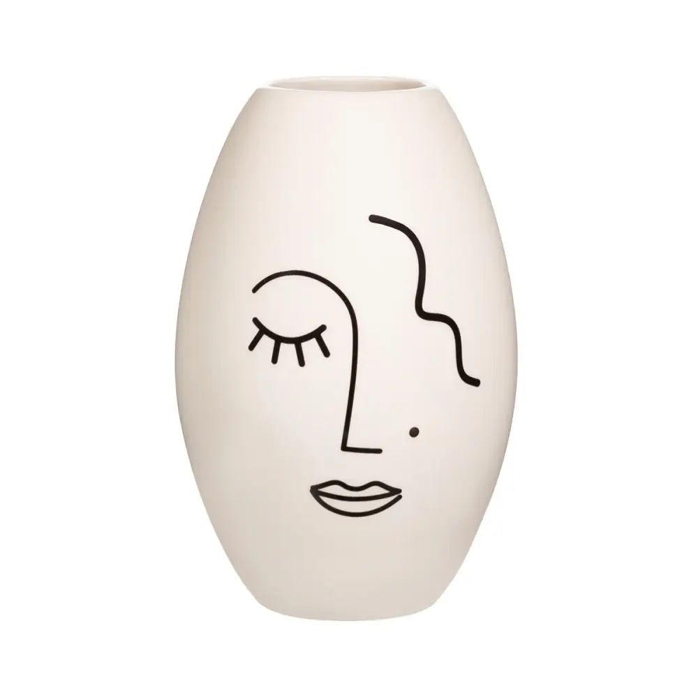 Vase visage abstrait en céramique off-white avec design minimaliste de visage