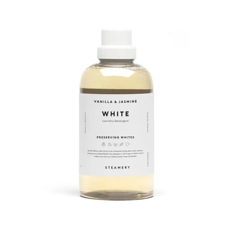 Bouteille de lessive linge blanc parfum subtil avec vanille et jasmin, white detergent